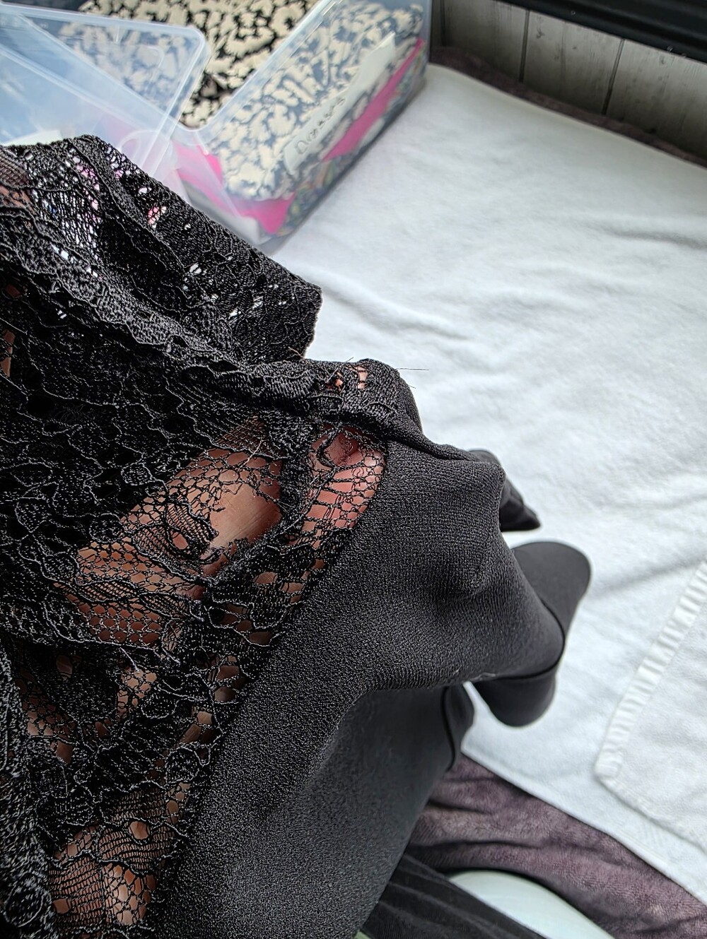 Revamped Black Lace Peplum Top Mock Neck Sweetheart Blouse Est. XL - Picture 11 of 11